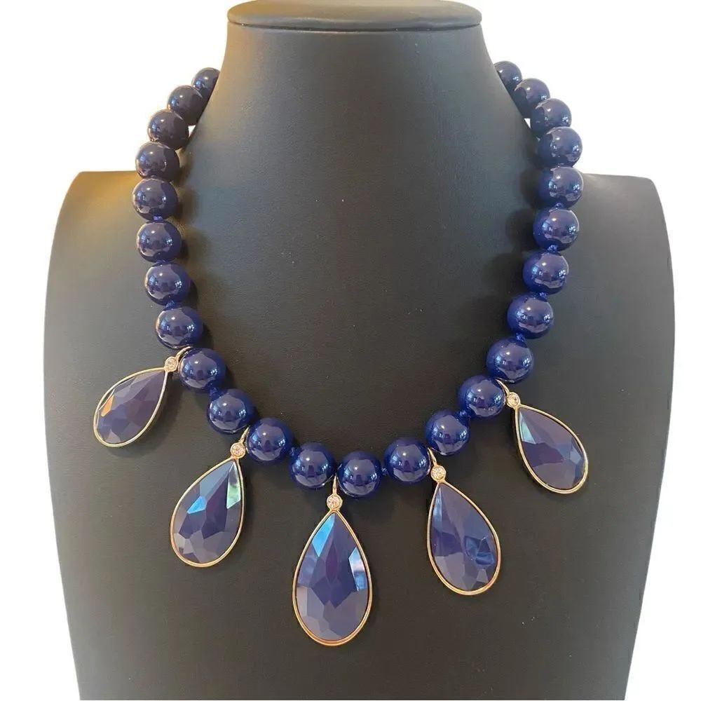 Kate Spade NY Dark Blue & Gold Toned Beaded Teardrop Statement Necklace.